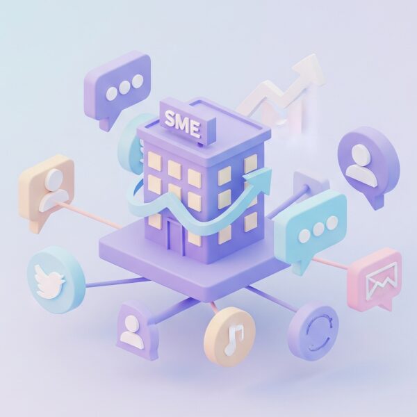 中小企業ビルと、その周囲を巡るパステルカラーのSNSアイコン、成長を示す上向きの矢印が描かれた3Dアイコン。