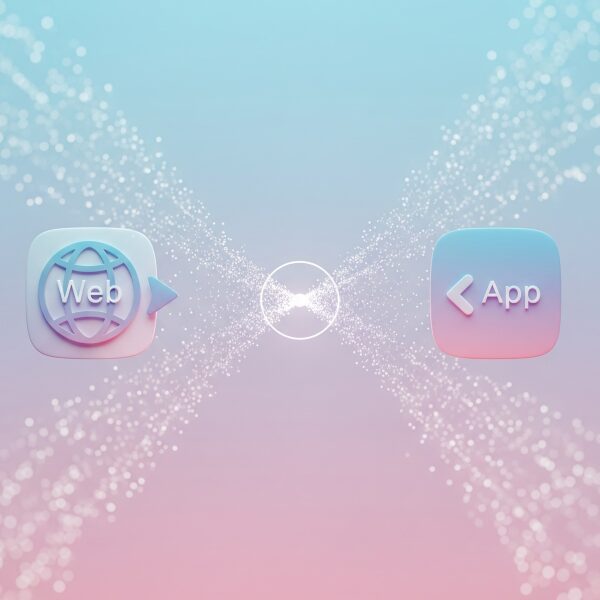 パステルカラーの背景で、左にウェブアイコン、右にアプリアイコンが配置され、両者から光る粒子状のデータが中央の一点に向かって集約されている3Dレンダリング画像。イベントデータの統合的な収集を視覚的に表現している。
