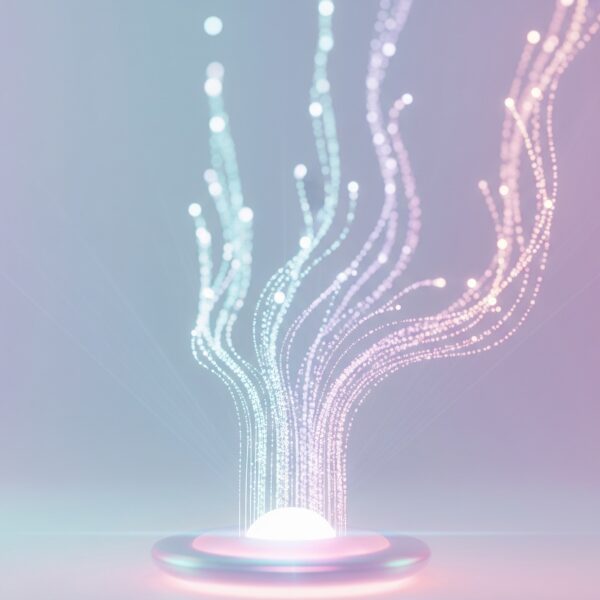 パステルカラーのグラデーション背景の中央から、光る粒子と線で構成されたデータストリームが上方向へと伸びている3Dレンダリング画像。ストリームの一部は長く複雑な模様を描き、一部は密度の高い輝きを放っており、ユーザーエンゲージメントの深さとセッション時間の長さが視覚的に表現されている。