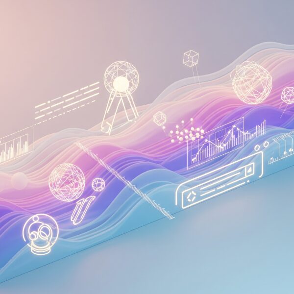パステルカラーの波状に流れるデータの上を、光る線や球体、グラフのような抽象的な「測定器」が配置されている3Dレンダリング画像。複雑なデータの流れを分析し、理解するためのツールを象徴している。